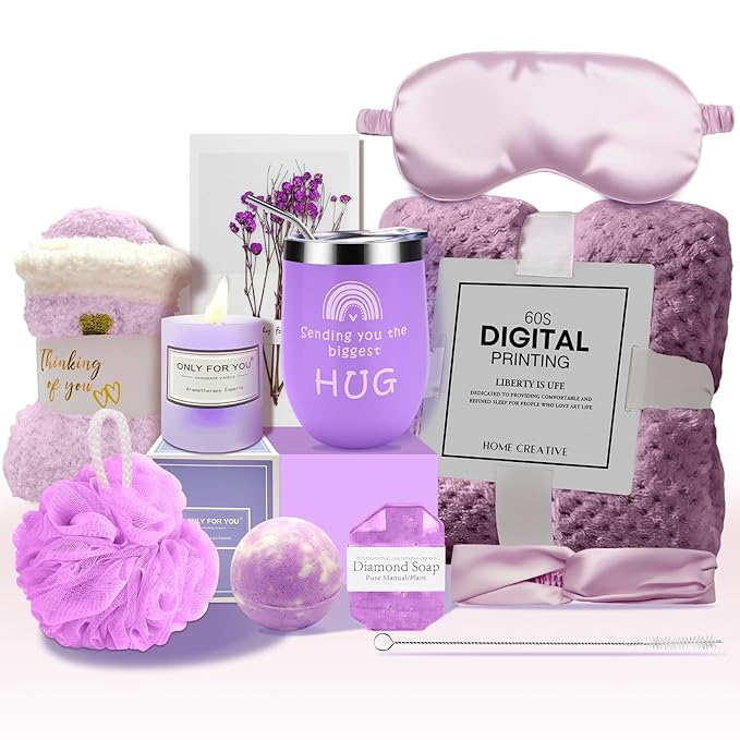 Birthday Gifts for Women - Self Care Gifts, Get Well Soon Gifts for Women, Unique Relaxing Spa Gifts Basket with Flannel Blanket, Tumbler, Socks, Soap & Candle, for Grandma Sister Mom, Wife, Her