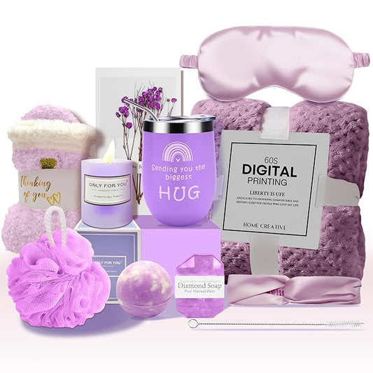 Birthday Gifts for Women - Self Care Gifts, Get Well Soon Gifts for Women, Unique Relaxing Spa Gifts Basket with Flannel Blanket, Tumbler, Socks, Soap & Candle, for Grandma Sister Mom, Wife, Her