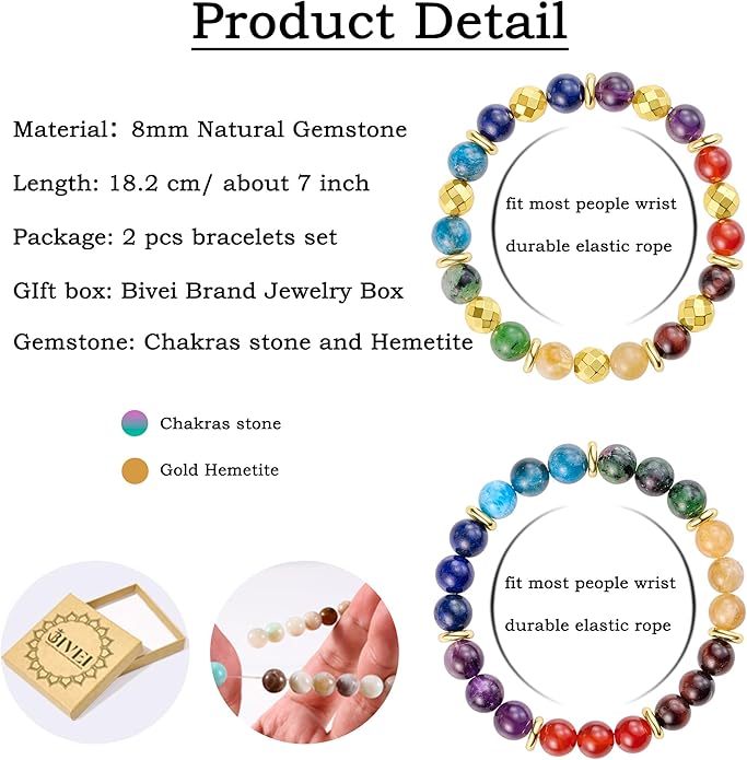 Bivei Natural Gemstone Semi Precious Healing Crystals Handmade Stretchy Round Beads Bracelet, Enhance Positive Energy