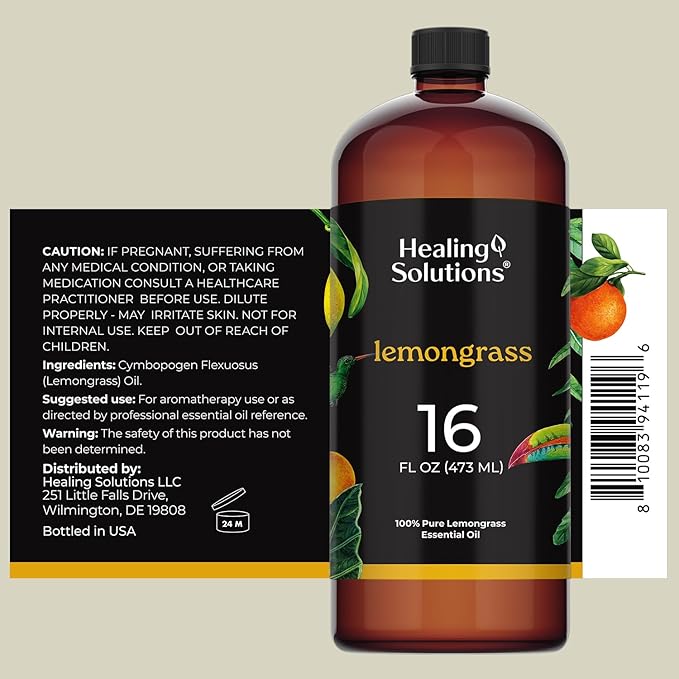 Healing Solutions Lemongrass Essential Oil, 16oz - 100% Pure Large Bottle for Diffuser, Cleaning, Spray & Candle Making