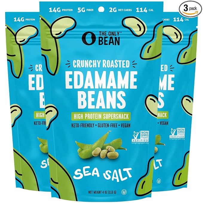 The Only Bean - Crunchy Roasted Edamame Beans (Sea Salt) - Keto Snacks (2g Net) - High Protein Healthy Snacks (14g Protein) - Low Carb, Gluten-Free Snack, Vegan Food - 4 oz (3 Pack)