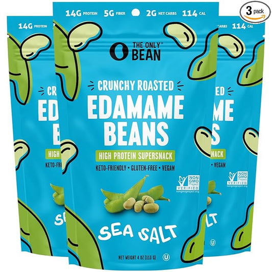 The Only Bean - Crunchy Roasted Edamame Beans (Sea Salt) - Keto Snacks (2g Net) - High Protein Healthy Snacks (14g Protein) - Low Carb, Gluten-Free Snack, Vegan Food - 4 oz (3 Pack)