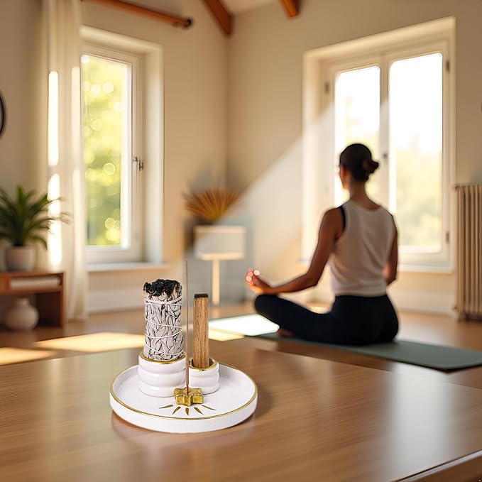Ceramic Incense Holder Burner, Sage Holder for Burning, Palo Santo Sticks Holder, 5.51" Ash Catch Tray, Smudge Dish for Meditation Yoga, Modern Home Decor Gift