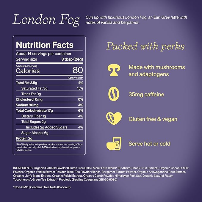 Clevr Blends London Fog Latte, Vegan, Earl Grey Instant Tea Mix, Superfood Powder Blend with Oat Milk, Black Tea, Reishi Mushroom, Organic Spices, Coconut Cream, Ashwagandha, Serve Hot or Iced, 12 oz