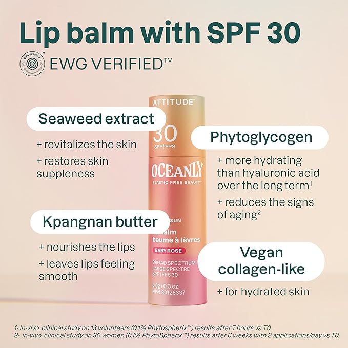 ATTITUDE Oceanly Tinted Lip Balm with SPF 30, EWG Verified, Plastic-Free, Broad Spectrum UVA/UVB Protection with Zinc Oxide, Vegan, Unscented, Baby Rose, 0.3 Ounce