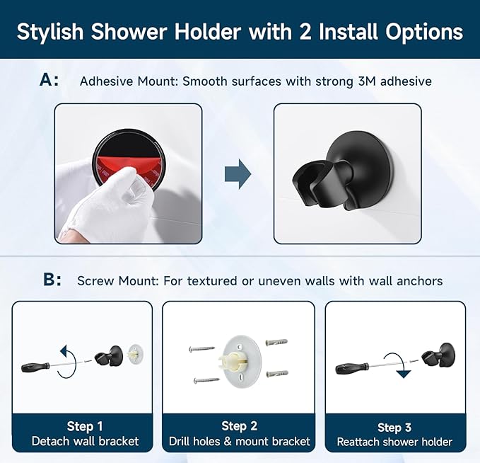 BRIGHT SHOWERS Strong Adhesive Shower Head Holder with Dual Angle Adjustable, Wall Mounted Handheld Shower Bracket, Easy Installation, Screw Mounting Options, Matte Black