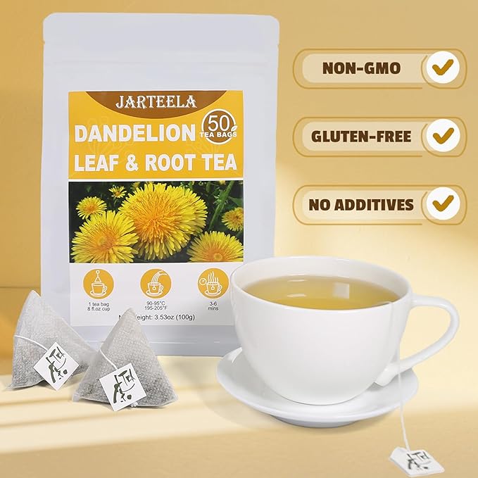 Jarteela - Dandelion Leaf & Root Tea Bags - 2g x 50 Count - Premium Dandelion Tea - Non-GMO - Caffeine-Free - Support Kidney Health & Enhance Immune System