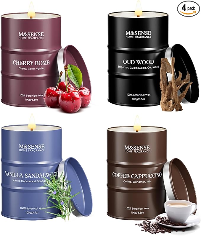 Fall Candles Set | Mini Scented Candles Gift Set | 4 Pack Candles for Home Scented Candle,Cherry Vanilla Oud Sandalwood Coffee Candle,Gift Set for Women and Men,Soy Wax 14 oz 86 Hour