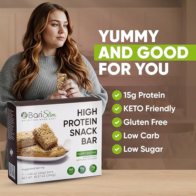 BariSlim High Protein Snack Bar for Bariatric Patients - Nutrient Rich Snack for Post-Surgery Wellness - Ideal for Weight Loss Maintenance & Daily Nutrition | Fluffy Nutter Bar (13 oz)