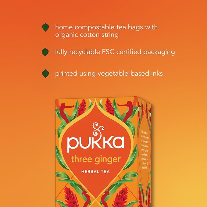 Pukka Three Ginger Organic Herbal Tea, Digestion-Aiding Infusion With Ginger, Turmeric, and Galangal, Tea Gift Set Ideal After Meals, Caffeine Free, 80 Total Bags (20ct - Pack of 4)