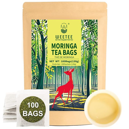 WT WEETEE Moringa Tea Bags 100 Count, 100% Pure Dried Moringa Leaves, Caffeine Free Nutrient-Dense Herbal Tea, Earthy Spinach Aroma & Bold Fermented Bean-Like Flavor