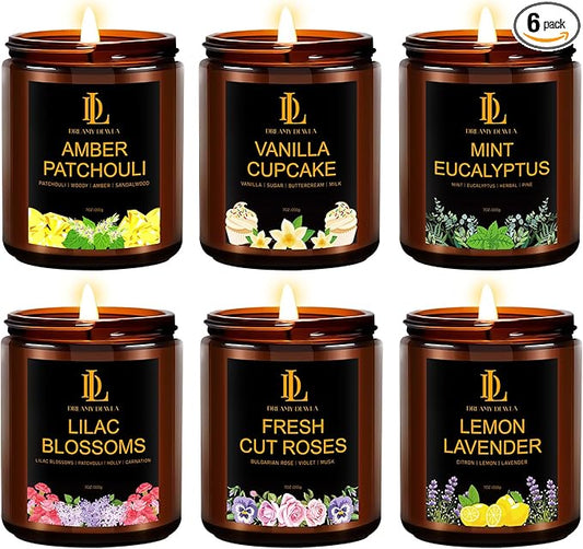 6 Pack Candles for Home Scented, Scented Candles Gifts Set for Women Men, 42 oz Soy Candle Set, Scents of Fresh Cut Roses/Lemon Lavender/Vanilla Cupcake/Amber Patchouli/Lilac Blossoms/Mint Eucalyptus