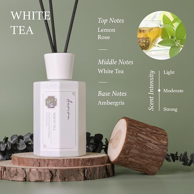 Reed Diffuser Set, 6.76 fl oz White Tea Scented Oil Diffuser, Home Fragrance with Reed Sticks for Bedroom, Office, Bathroom Shelf Decor & Gifts