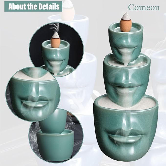 Comeon Backflow Incense Burner Holder, Face Handicraft Decor, Resin Reverse Flow Incense Burner Censer Cone + 20 Backflow Incense Cones 30 Incense Sticks 1 Tweezer 1 Mat (Matte Green)