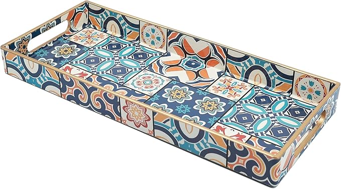 Bathroom Vanity Tray for Countertop, Small Plastic Toilet Tank Tray Versatile Storage & Organization Tray for Makeup, Perfume, Desk, Kitchen, Candles, 13.7"x6"x1.4", 35Boho2