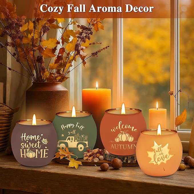 Lanpn Fall Scented Candles Gift Set 4 Pack 16oz Soy Wax Jar Candles Thanksgiving Aromatherapy Candle Autumn Home Table Decor Glass Votive Candle Holder Tabletop Centerpiece Farmhouse Decoration
