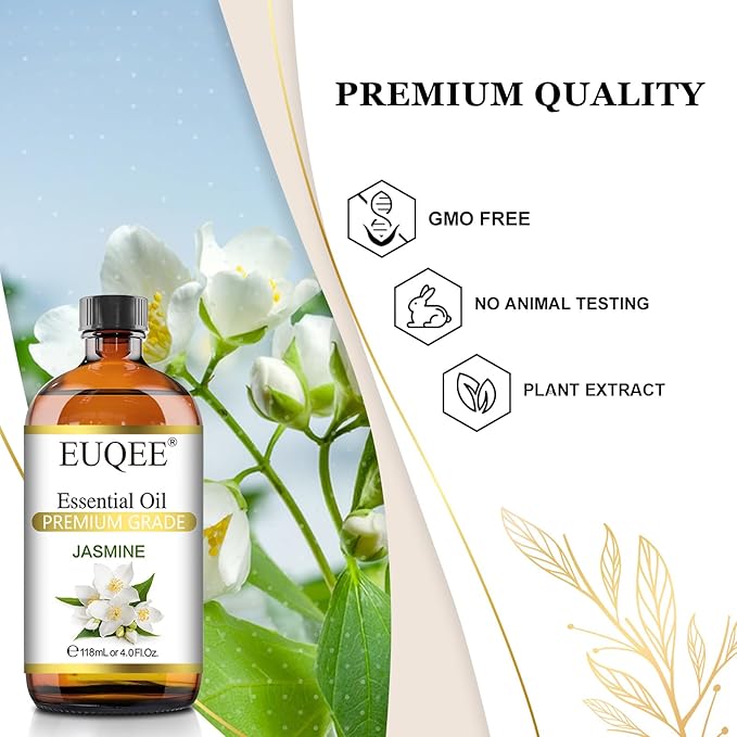 EUQEE Jasmine Essential Oil 118ml Premium Jasmine Oil for Aromatherapy, Diffuser, DIY Soap, Candle Making - 4Fl Oz