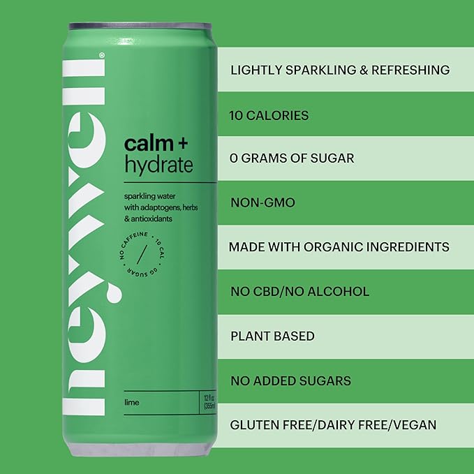 Heywell Sparkling Adaptogenic Water Calm and Restore, Lime Flavor 12 Fluid Ounce (Pack of 12) - Non Caffeinated, Organic, Non GMO, Vegan, Gluten Free, Dairy Free