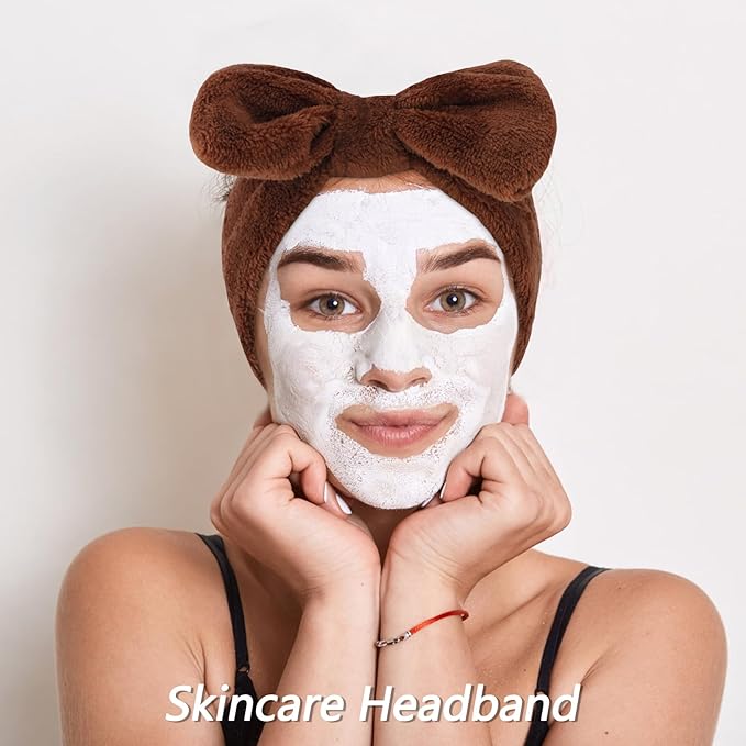 VELSCRUN Spa Headbands for Wash Face, Makeup Headband, Facial Skincare Headbands, 5 Pcs Dark Brown Puffy Sponge Spa Headband Bow Tie Hair Band Hair Clips Wristband Set Women Girls Accessories