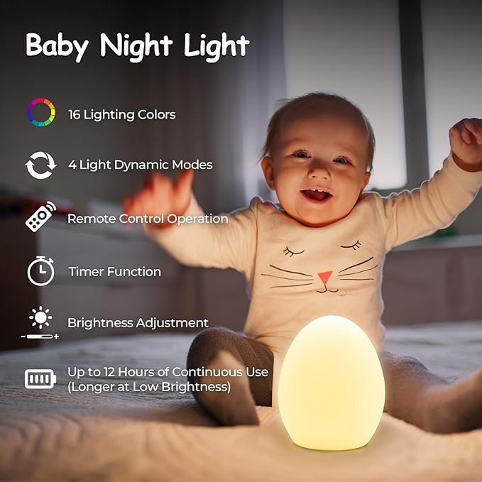 Baby Night Light, Rechargeable Egg Nightlight for Baby Nursery, Cute Silicone Night Light with Remote, 16 Colors RGB Timer, Portable Egg Lamp for Nursery and Kids Room