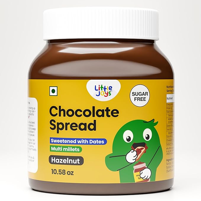 Little Joys Hazelnut Chocolate Spread. No Sugar, No Palm Oil, No Preservatives. Sweetened with Dates. Rich Cocoa, Multi Millets. Vegan. 10.58 Oz