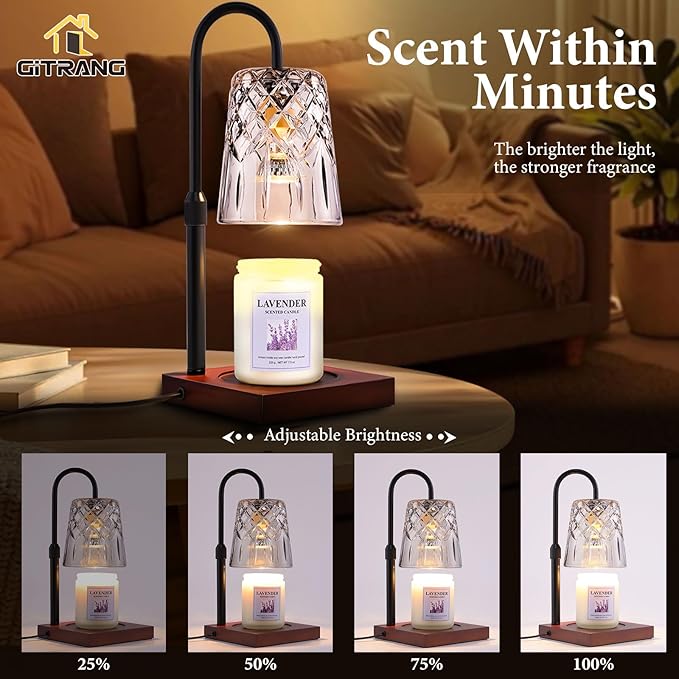 Candle Warming Lamp with Timer Dimmer, Adjustable Height Electric Wax Melt Warmer for Jar Candles with 3 Bulbs, Mother's Day Women's Home Decor Gift, Square Base with Black Pole