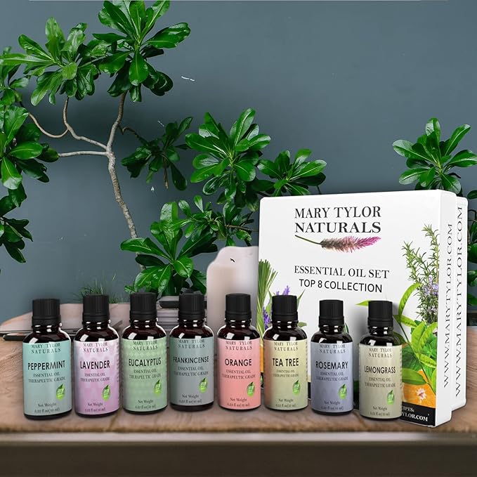 Essential Oils Set, Top 8 x 10 ml Each, Lavender Peppermint Orange Lemongrass Rosemary Eucalyptus Tea Tree Frankincense Therapeutic Grade, for Aromatherapy, Diffuser, DIY by Mary Tylor Naturals