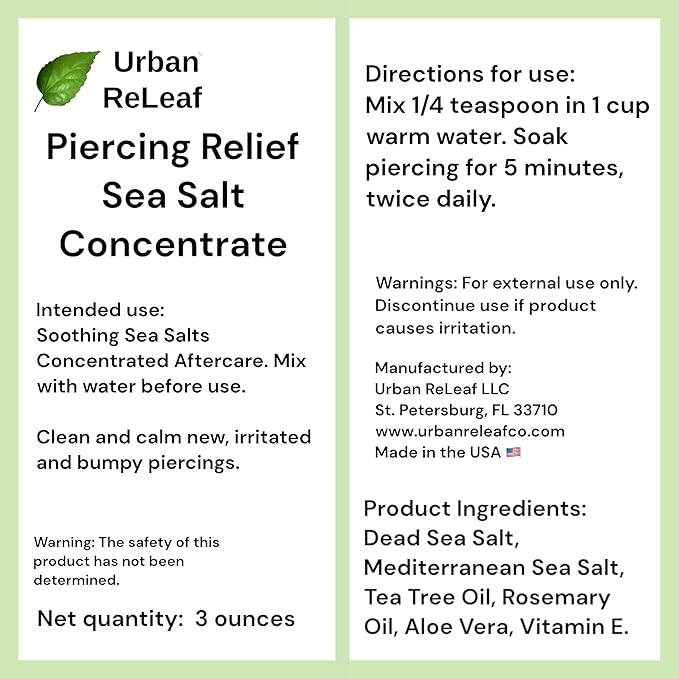 Urban ReLeaf PIERCING RELIEF Sea Salt Concentrate AFTERCARE ! Safely Clean, Soothe & Gently Calm New Irritated & Keloid Bump Piercings. Effective NON-iodized Dead Sea Salt, Tea Tree Rosemary