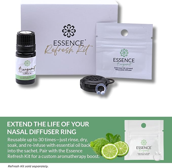 Essence Wearable Aromatherapy Nasal Diffuser – Bergamot Essential Oil Nose Ring Silicone Inhaler for Stress & Mood Support - Made in USA & Travel-Friendly (3 Pack)