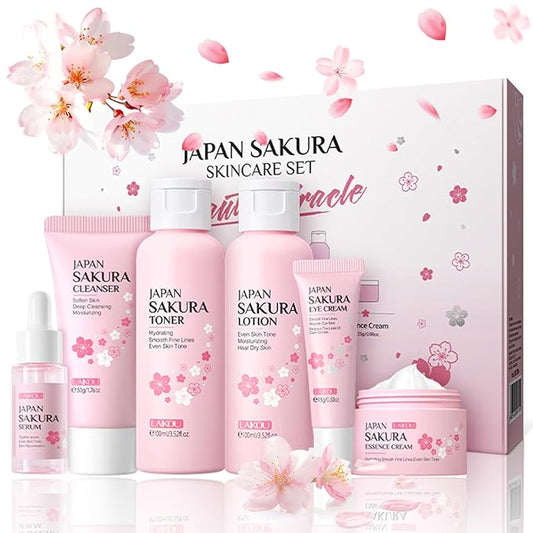 6 Pcs Skin Care Sets JAPAN SAKURA Women Beauty Gift Sets Sakura Skin Care Kit with Cleanser, Toner, Serum, Eye Cream, Lotion, Essence Cream Travel Kit for Women Teen Girls