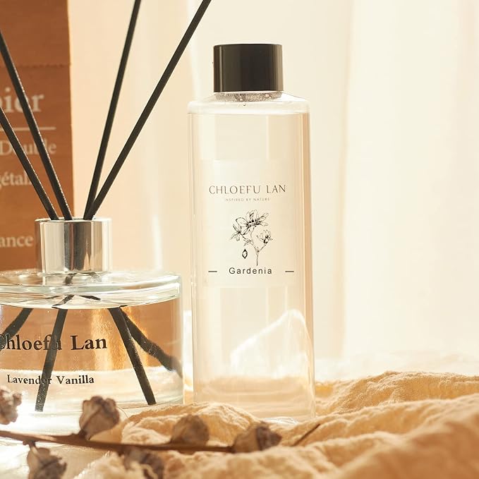 Chloefu LAN Gardenia Reéd Diffuser Refill 200ml/6.76 fl oz, Natural Essential Scented Oil, Best for Aromatherapy, SPA and Home, 0% Alcohol, A Fresh Clean Scent, Free Set of Diffuser Sticks