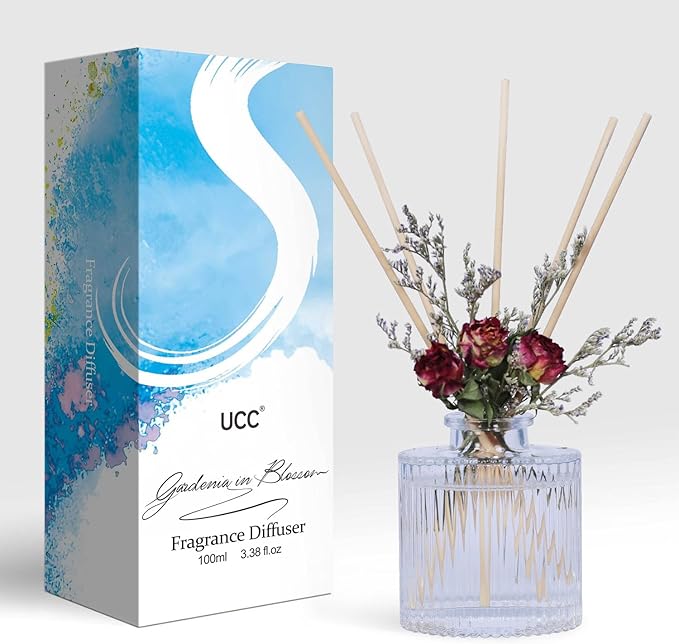 UCC Reed Diffuser Set, 3.38 oz Gardenia in Blossom Premium Scented Diffuser with Flower Sticks Home Fragrance Reed Diffuser for Bathroom Shelf Decor