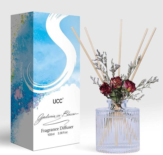 UCC Reed Diffuser Set, 3.38 oz Gardenia in Blossom Premium Scented Diffuser with Flower Sticks Home Fragrance Reed Diffuser for Bathroom Shelf Decor