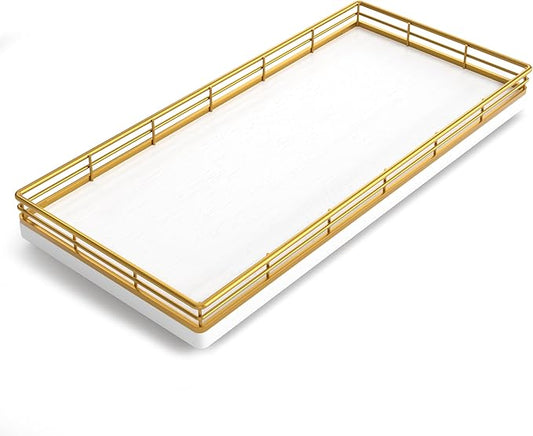 Bathroom Toilet Tank Tray, 13" Wood Toilet Paper Storage Basket Tray Back of Toilet Basket Organizer,Vanity Tray for Perfume Makeup Candle Decor, Gold & White