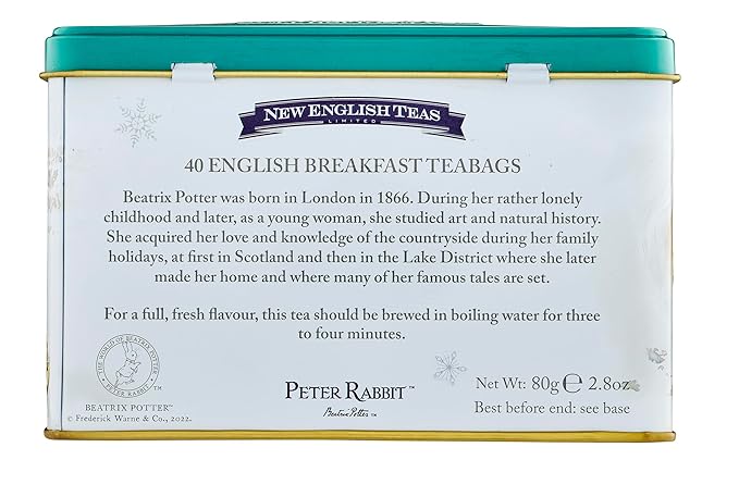 New English Teas Peter Rabbit & Friends Christmas Tree Tea Tin with 40 English Breakfast Teabags