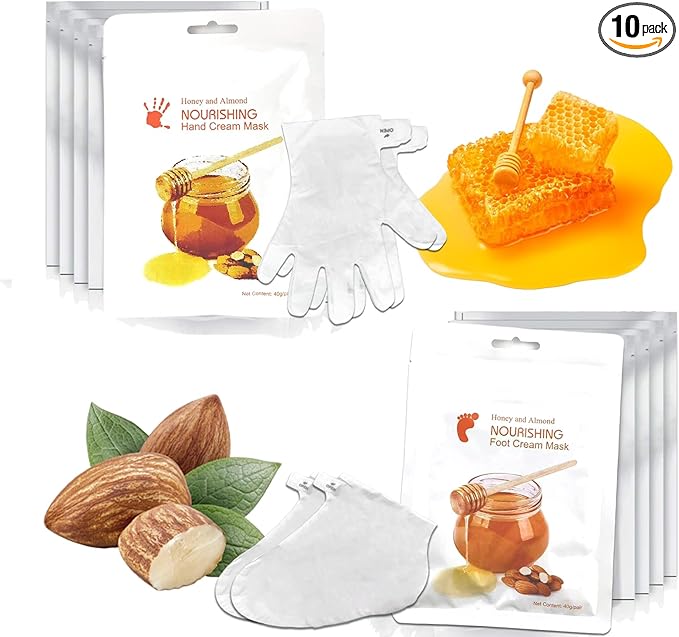 Elitzia Foot Mask Hand Mask Hydrating Honey Almond Extract Moisturizing 5 Pairs Gloves 5 Pairs Socks Masks Intensive Repairing Softening Masks Women Spa Dry Cracked Skin Care ETWHF