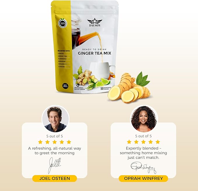 Ginger Lemon Herbal Tea Powder – Refreshing Blend with Licorice, Turmeric, Decaf Green Tea, Vitamin C – Caffeine-Free, Vegan, Gut-Friendly Detox Tea – 50 Servings