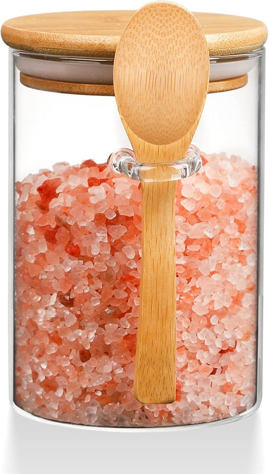 WHJY Glass Glass Jar with Lid and Spoon, Airtight Glass Jars bamboo lids, overnight oats jars, Dog Treat Jar for Pet, Glass Candy Cookies Coffee Canister Jar Bath Salt Container - 20 oz (1)