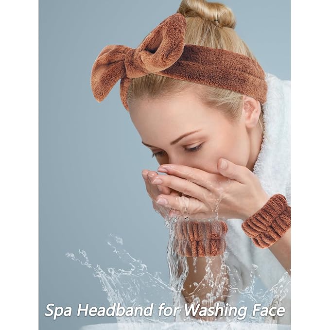 VELSCRUN Spa Headband, Makeup Face Wash Skincare Headbands, 6 Pcs Coffee Color Sponge Bow Tie Get Ready HairBand Facial Wristband Set, Stuff for Teen Girls Women Trendy Fashion Hair Accessories