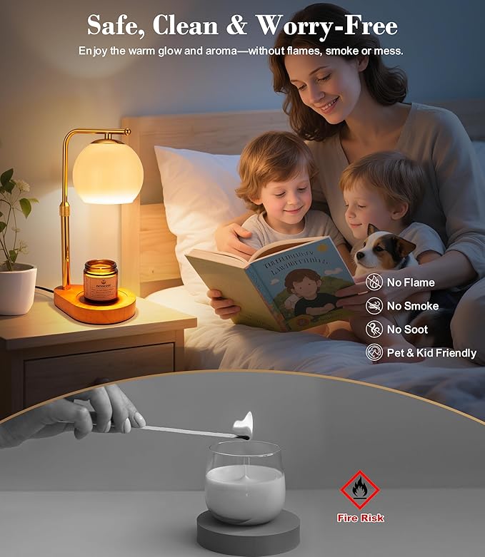 Ivory Glass Candle Warmer Lamp with Adjustable Height Dimmer and 2 4 8 Hour Timer Includes Scented Candle and 2 Bulbs Dark Wood Base for Cozy Bedroom Living Room Spa