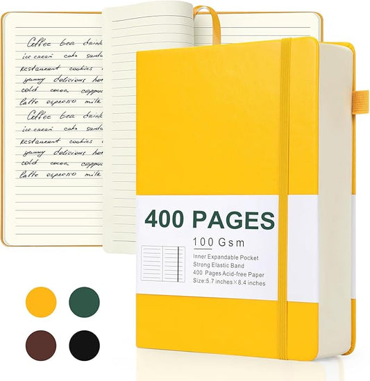 Journals for Writing 400 Pages, A5 Leather Ruled Notebook, 100 Gms College Ruled Journal with Thick Paper, Hardcover with Inner Pocket & Pen Holder, Yellow