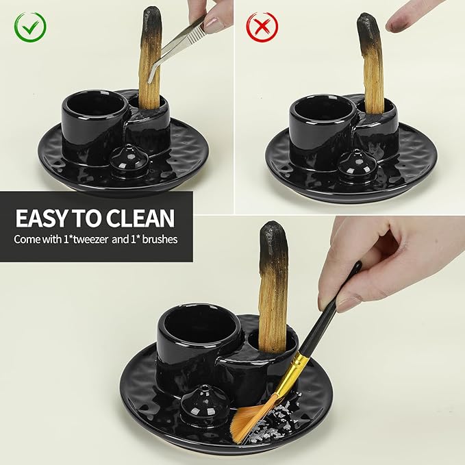 Palo Santo Sticks Holder, Multi-Purpose Handmade Ceramic Incense Burner for Palo Santo Incense Sticks, Sage Holder for Burning, Ash Catcher Tray for Meditation Yoga Room (Black)