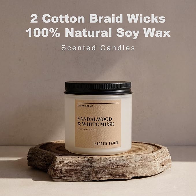 Hidden Label Sandalwood & White Musk Scented Candle - 12oz Natural Soy Non Toxic 70H Burn Time 2 Wick Aromatherapy Candle for Home Decor,Stress Relief & Relaxation