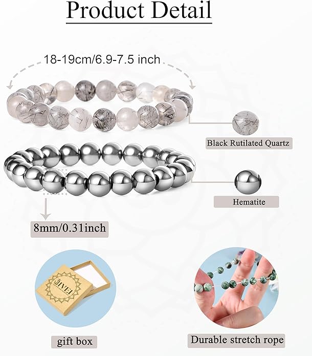 Bivei Natural Gemstone Semi Precious Healing Crystals Handmade Stretchy Round Beads Bracelet, Enhance Positive Energy