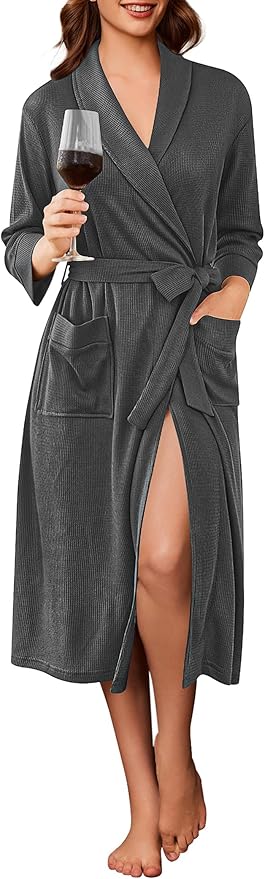 Ekouaer Robes for Women Long Waffle Knit Bathrobe Lightweight Kimono Robe Soft Shawl Collar Spa Robes with Pockets S-XXL
