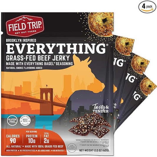Field Trip Grass Fed Beef Jerky, Healthy Gluten Free Snacks, All Natural, Paleo-Friendly Beef Jerky, High Protein, Low Carb Snack with No Nitrates, 2.2oz Bag, 4 Pack, Everything Bagel