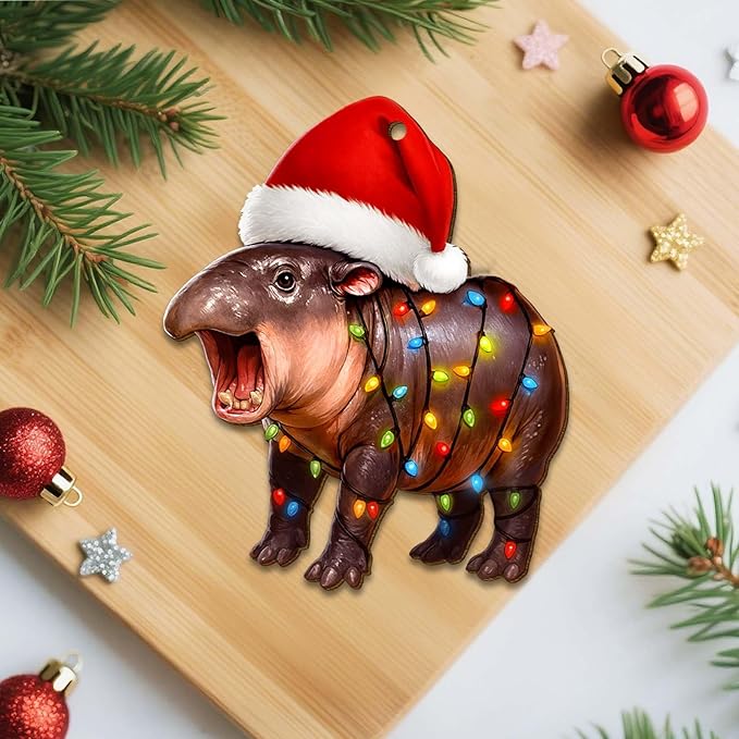 2 Side Printed Flat Christmas Wooden Ornaments, Animal Keepsake Hanging Tree Decoration, Moo Hippo Ornament