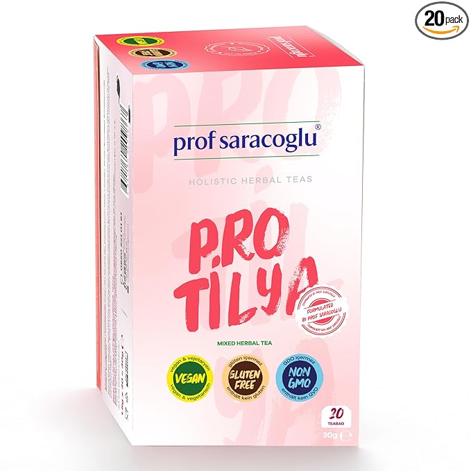 Prof Saracoglu 1 Box Pro-Tilya Herbal Tea – Caffeine-Free Herbal Blend with Natural Digestive Support, Caffeine-Free Metabolism Friendly Tea, 20 Tea Bags in Eco Resealable Box
