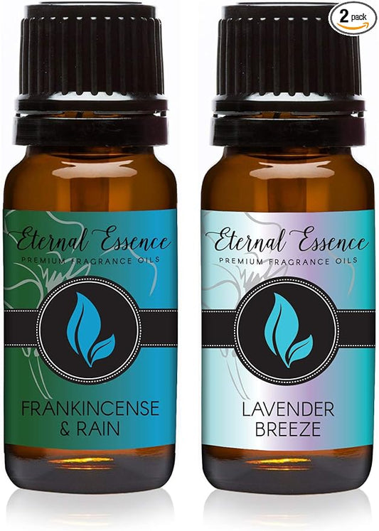 Eternal Essence Oils 2 Pack 10ml Premium Fragrance Oil - Lavender Breeze & Frankincense & Rain - for Candle, Soap Making, Aromatherapy, Diffusers, Home Care, & Humidifiers