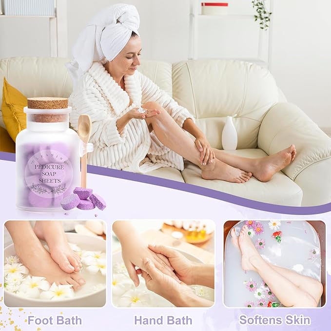 128g Pedicure Foot Spa Tablets 10 Oz Plastic Bath Salts Jar Foot Soak Tablets Manicure Soak Balls Softens Skin Botanicals Lavender Essential Oil Fast Dissolving Pedicure Supplies for Feet Dry Cracked